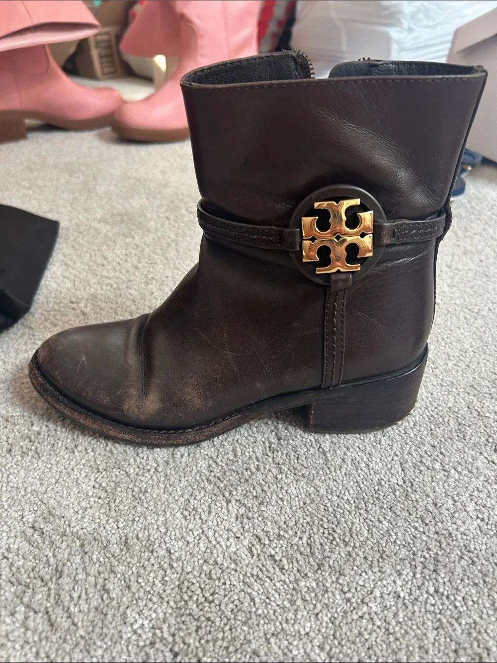 Tory Burch Dark Brown Leather Ankle Booties with Side Buckle